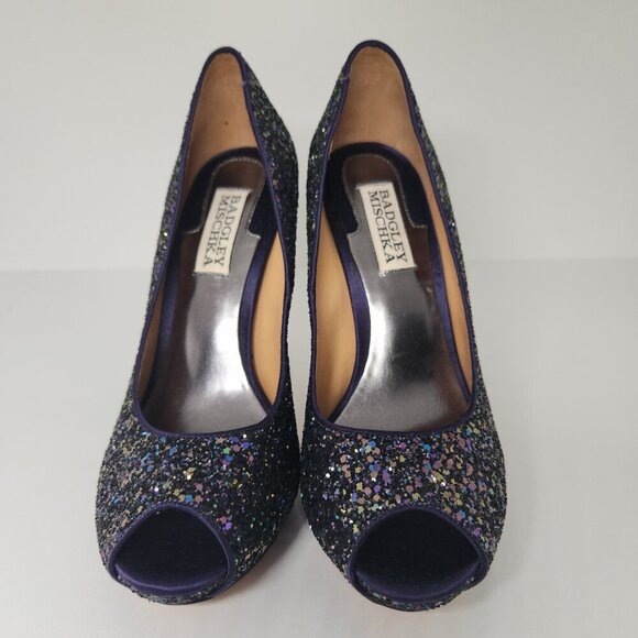 Badgley Mischka Purple Glitter Open Toe Pumps 6M - Picture 1 of 8